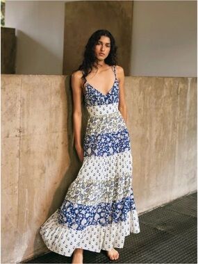 ZARA Maxi Tiered Dress Women’s L Patchwork Floral Blue White Boho Beachy Flowy